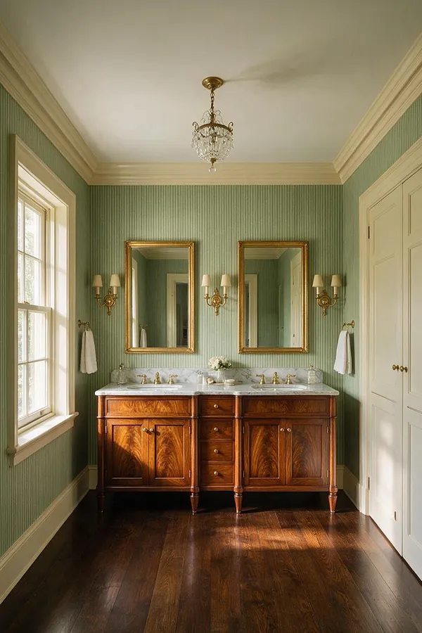 A traditional powder room with pale green vertical-striped wallpaper, a carved wood double vanity with a marble countertop, two gold-framed mirrors, and brass sconces. A crystal pendant hangs from the ceiling, with a tall window on the left and white paneled doors on the right.