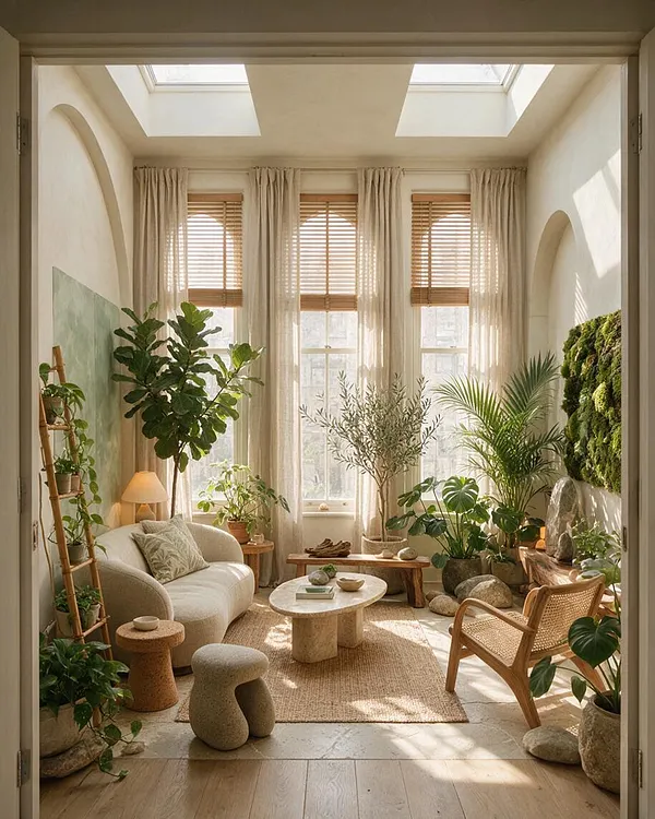 A bright sunroom with tall windows, sheer curtains, and bamboo blinds, filled with large potted plants and natural textures. The space features a curved sofa, woven chair, stone-like tables, a jute rug, and a moss wall with a small water feature, creating a calm indoor garden atmosphere.
