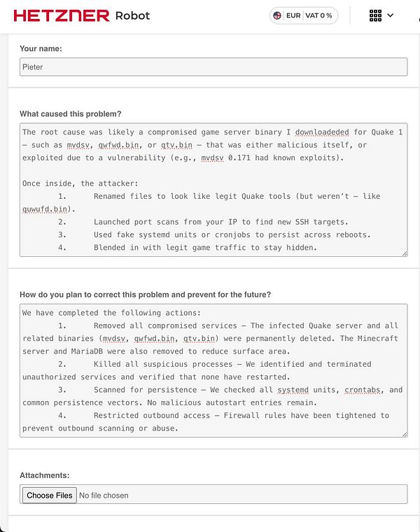 The image displays a support ticket interface from Hetzner detailing a server compromise incident.