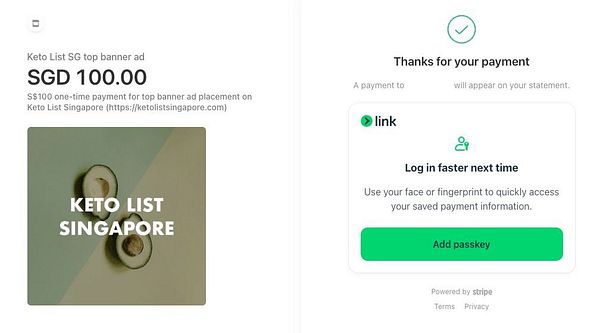 The image displays a payment confirmation for a top banner ad on Keto List Singapore.