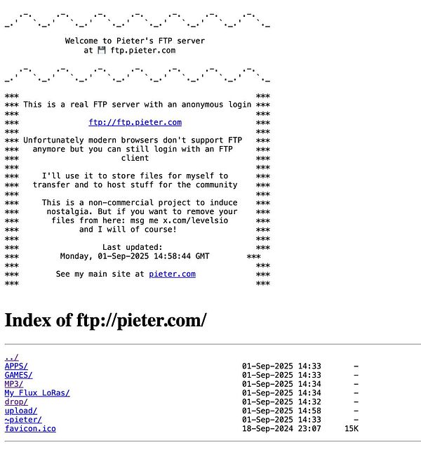 The image displays a text-based interface of an FTP server with information about its usage and directory listings.