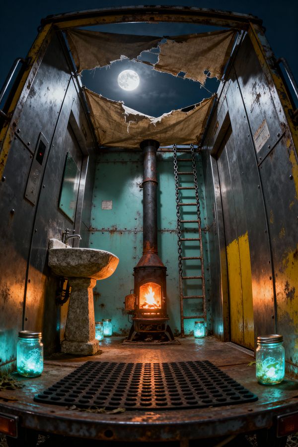 A compact laundry space inside a weathered metal container shows oxidized teal and yellow steel walls, a central rusted wood‑burning stove with a tall chimney, and a rough stone pedestal sink. Torn canvas sheets open to the moonlit sky, while glowing aqua mason jars provide low lighting over a rubber floor mat; a metal ladder and chain line one wall, and rivets, scratches, and rust emphasize the salvaged, utilitarian character.