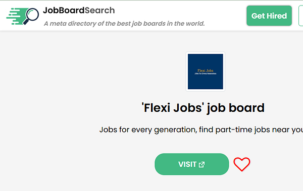 The image displays a job board listing for 'Flexi Jobs' on the JobBoardSearch platform.