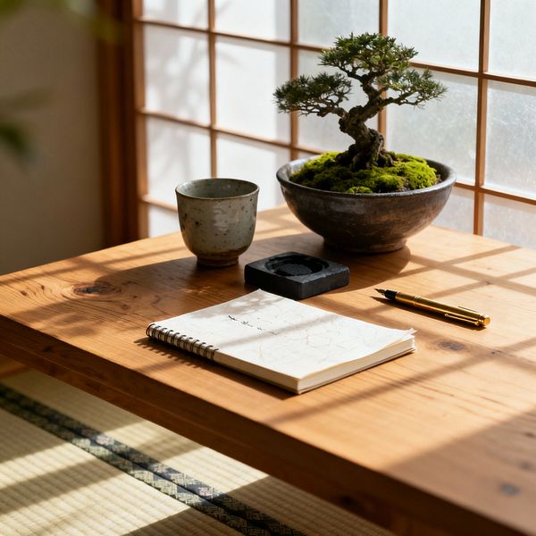 Close-up of a minimalist Japanese home office. A low natural-wood desk sits beside shoji screens, which cast a grid of sunlight across the surface. On the desk are a small bonsai in a dark ceramic bowl covered with moss, a speckled stoneware cup, a rectangular black inkstone, a brass pen, and a spiral notebook with Japanese characters. The floor is tatami with a patterned woven border. The scene is uncluttered and softly lit.