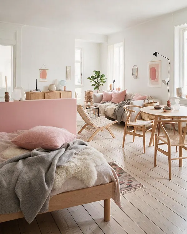 A bright Scandinavian studio apartment with white walls and pale wood floors, featuring a bed in the foreground, a small dining area with bentwood chairs, and a sofa dressed in blush and gray textiles. Natural materials, pastel pink accents, and minimal wall art create a calm, airy atmosphere.
