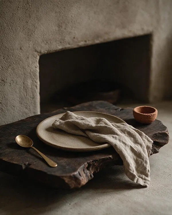 A minimalist tabletop vignette rests on a dark, live-edge wooden slab in front of a textured plaster wall. An earthy ceramic plate, a rumpled linen napkin, a small clay cup, and a brass spoon create a quiet, handcrafted Wabi-Sabi composition.