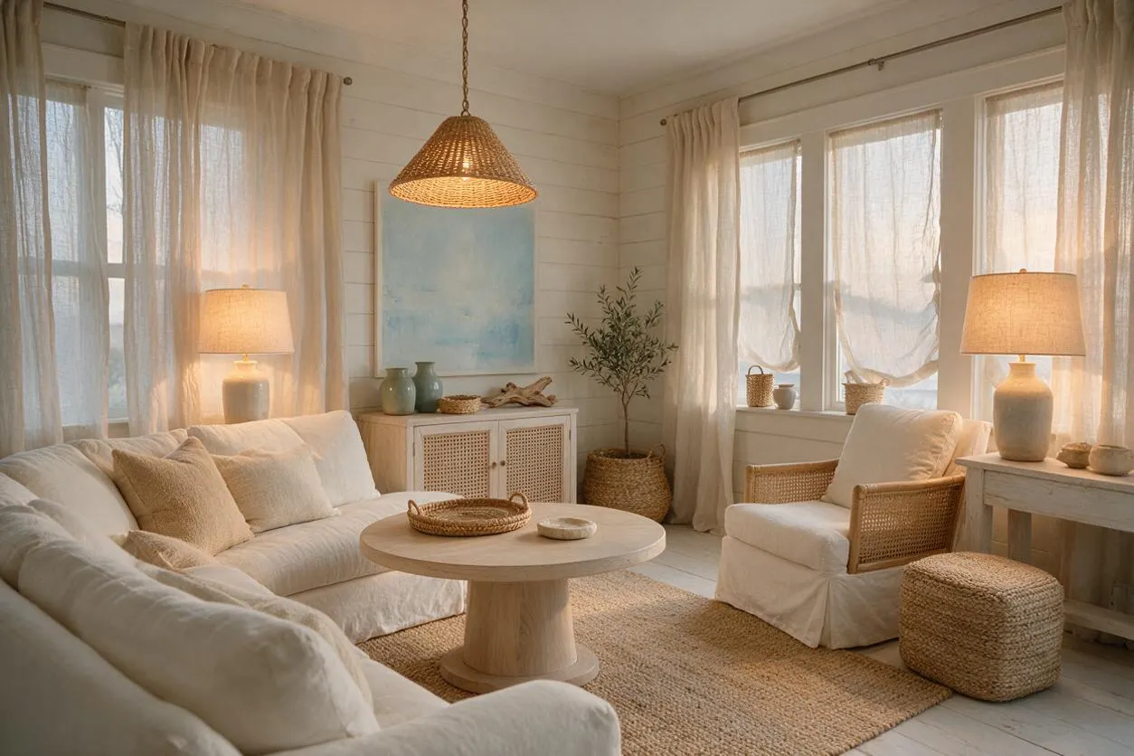 A bright coastal-style game room with cream slipcovered sofas, a woven pendant light, and sheer curtains filtering sunlight through large windows. The room features light wood furniture, natural fiber rugs and poufs, rattan accents, soft blue decor, and a relaxed neutral palette.