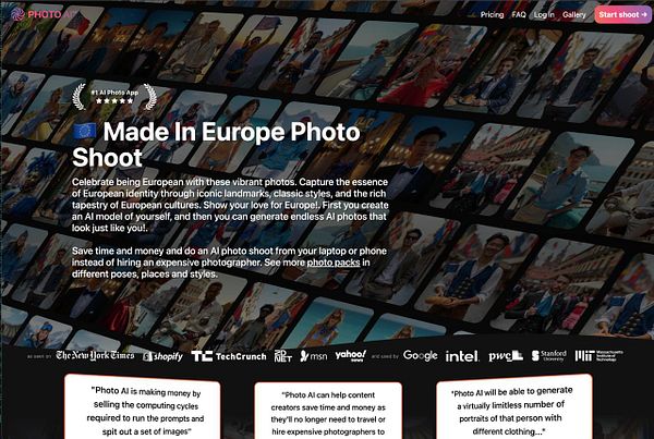 The image promotes an AI photo shoot service themed 'Made in Europe' with vibrant visuals and a user-friendly interface.