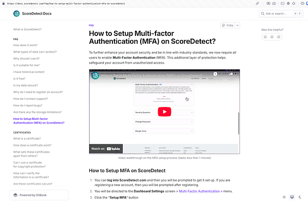 The image displays a webpage from ScoreDetect Docs detailing the setup process for Multi-factor Authentication (MFA).