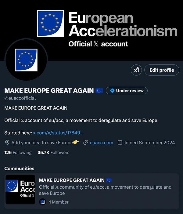 The image displays a social media profile for the European Accelerationism community on X.