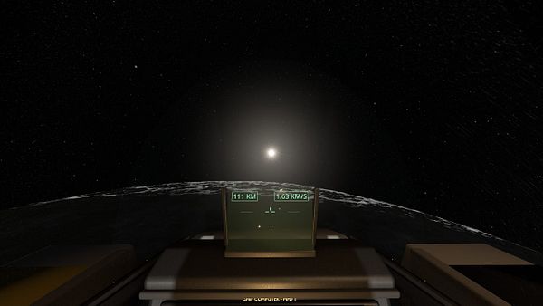 View from a spaceship cockpit overlooking a celestial body with a star in the distance, featuring a heads-up display showing distance and speed.