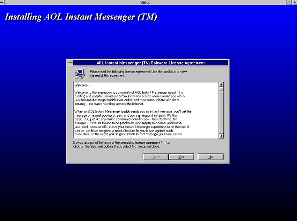 The image displays a software installation window for AOL Instant Messenger, featuring the software license agreement.