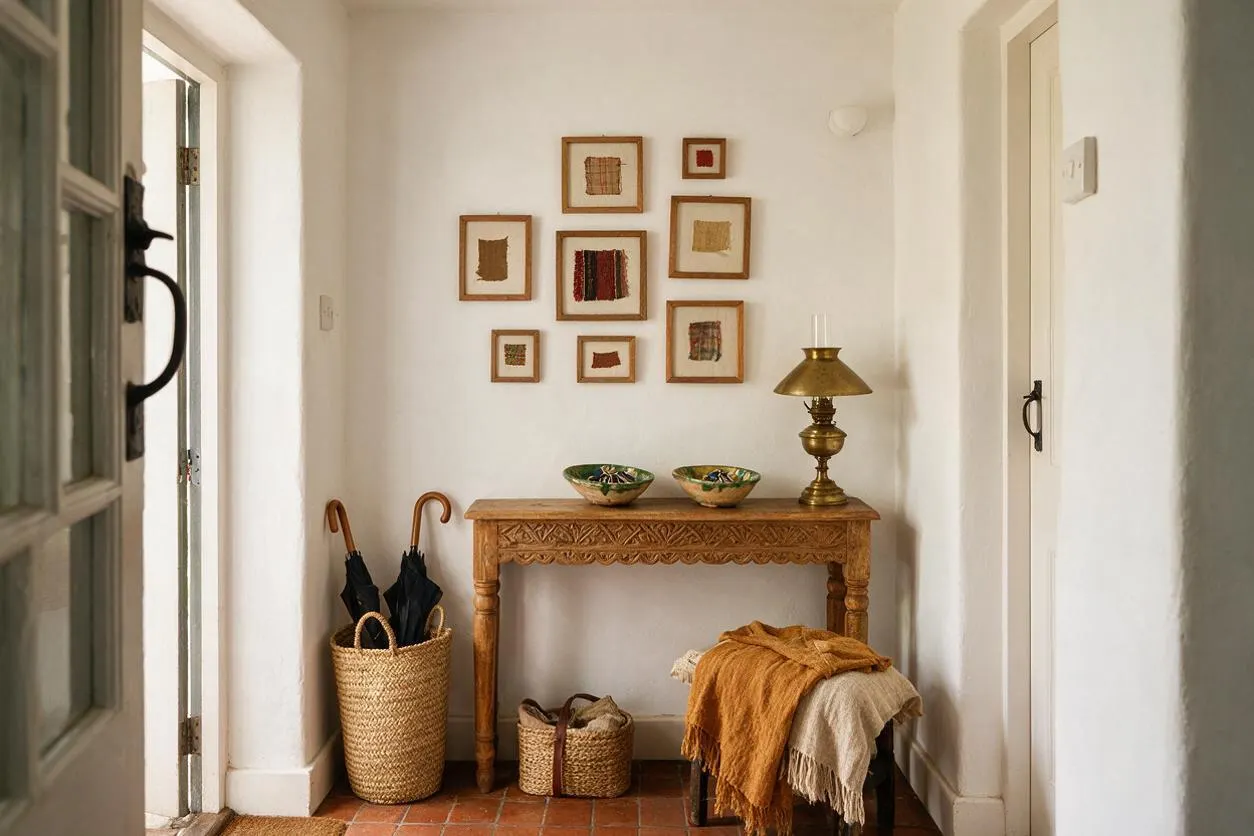 A narrow bohemian entryway with white walls, terracotta tile flooring, and a carved wooden console table centered against the back wall. Woven baskets, black umbrellas, a brass lamp, and framed textile art create a warm, collected look.