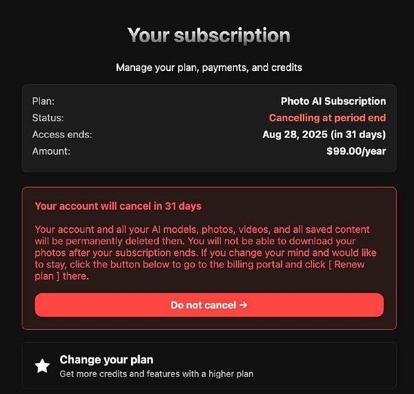 The image displays a billing portal notification regarding a subscription cancellation.