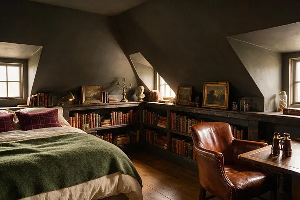 A moody guest bedroom with sloped dark walls, small windows, and built-in bookshelves packed with old books. The room features a bed with layered neutral bedding, burgundy plaid pillows, a green throw, a brown leather armchair, framed art, and brass decor for a scholarly Dark Academia feel.