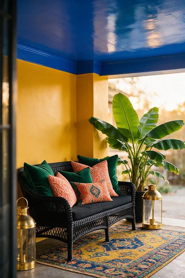 A colorful covered porch seating area features a black woven loveseat with dark cushions and layered emerald and coral patterned pillows. The walls are painted warm mustard yellow, the ceiling is a glossy cobalt blue, and a vivid multicolor rug anchors the space beside brass lanterns and a large potted tropical plant.