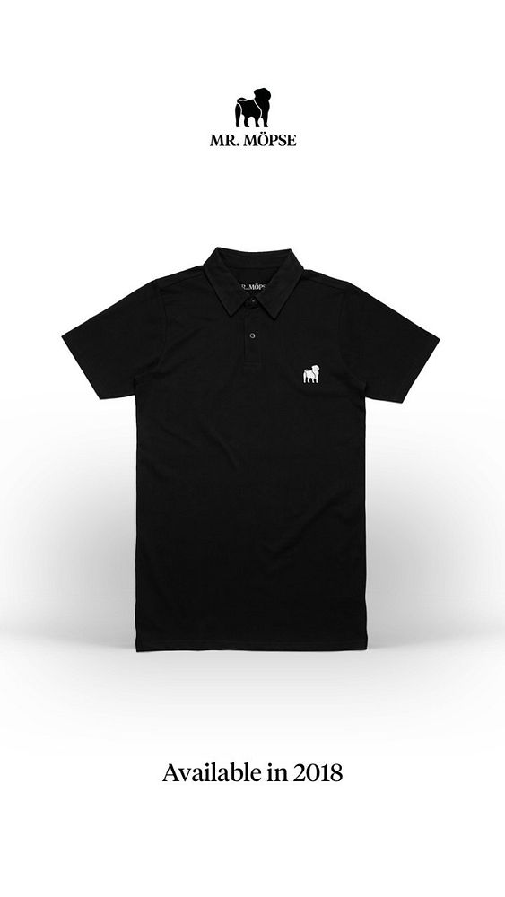 A black polo shirt featuring a small logo and text indicating its availability in 2018.