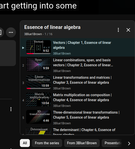 YouTube playlist 'Essence of linear algebra' by 3Blue1Brown shown in a dark mode interface.