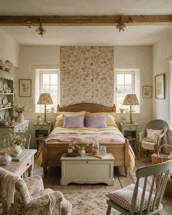 A cozy master bedroom with a wooden bed centered between two small painted nightstands and floral table lamps. The room features white plaster walls, exposed ceiling beams, a large floral wallpaper panel behind the bed, pastel bedding, and vintage-style chairs, shelves, and decor throughout.