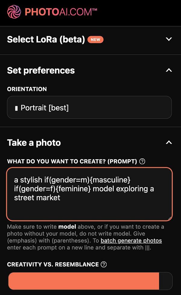 The image displays a user interface for the Photo AI platform, focusing on photo generation settings.