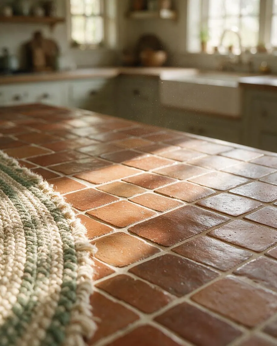 A cozy cottage-style kitchen with a close-up view of a terracotta tile countertop. The square tiles have warm earthy tones and light grout, with a textured woven runner on the left and softly blurred cabinets, sink, and windows in the background.