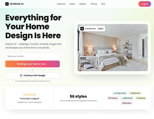 Landing page of Interior AI showcasing home interior redesign services with email input, call-to-action button, and style examples.