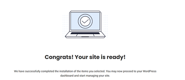 A congratulatory message indicating the successful setup of a WordPress site.