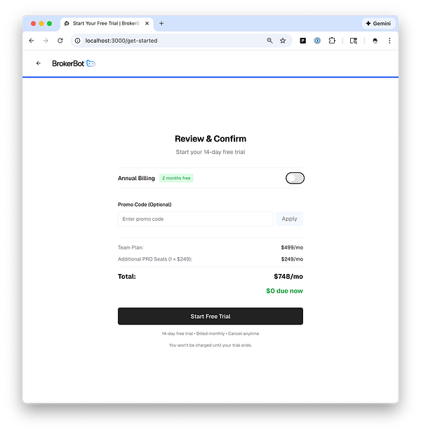 User interface design showcasing a new billing and onboarding flow named BrokerBot, featuring a dashboard with pricing options, features, and navigation elements.