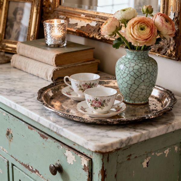 A shabby chic living room vignette shows a distressed mint-green cabinet with a white marble top. On the marble sits an ornate silver tray holding two floral porcelain teacups, a celadon crackle-glaze vase with peach and cream ranunculus, and a lit mercury-glass votive; behind, stacked linen-bound books and an aged gilded mirror with a vintage portrait reflect warm, cozy light.