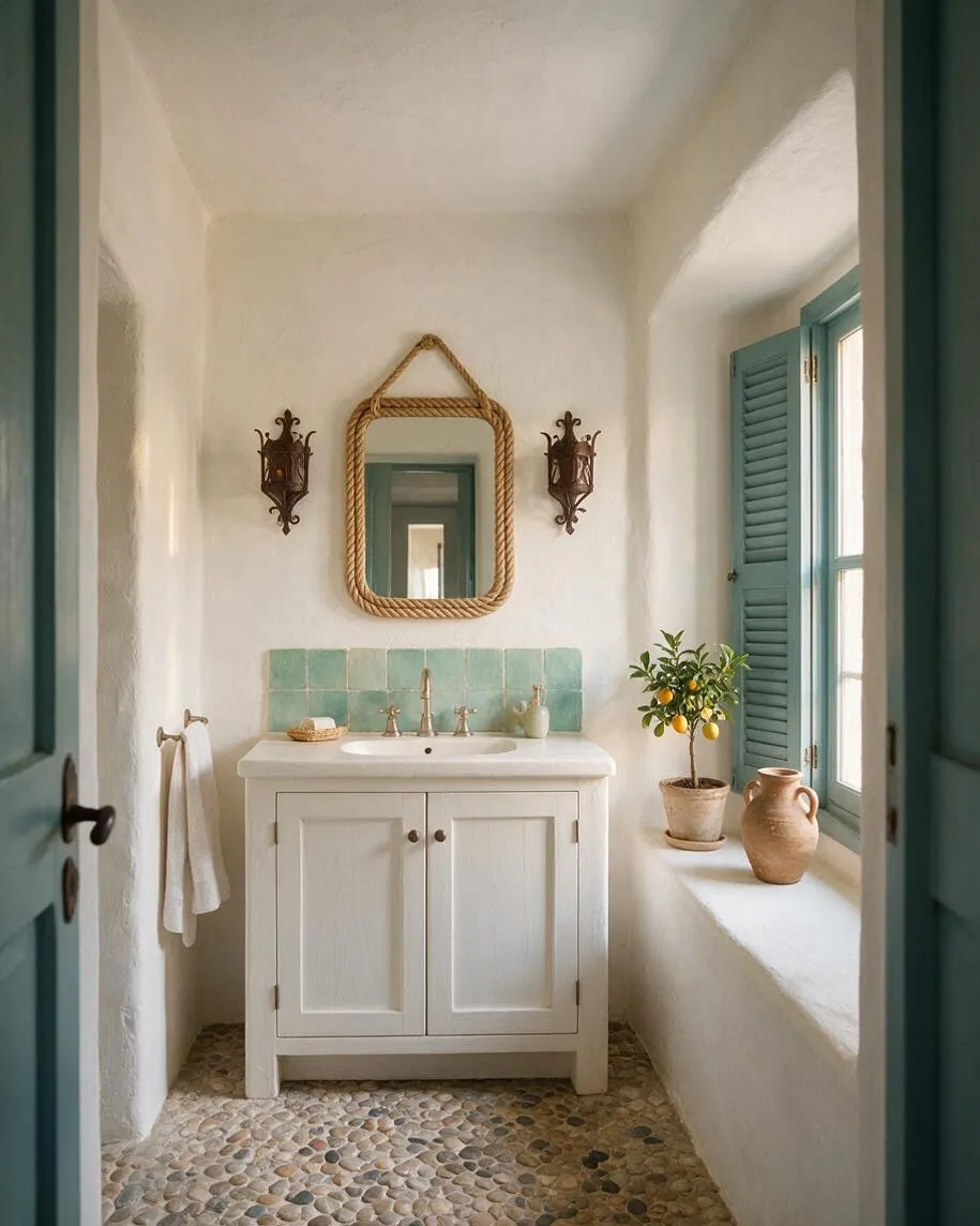 A compact Mediterranean-style powder room with white plaster walls, a white vanity, and a pebble stone floor. Teal-blue shutters and trim, a rope-framed mirror, brass lantern sconces, and a mint tile backsplash add coastal character, while a small potted citrus tree and terracotta jug sit on the window ledge.