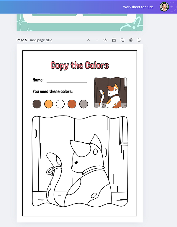 A coloring worksheet for kids featuring a cat illustration and color instructions.