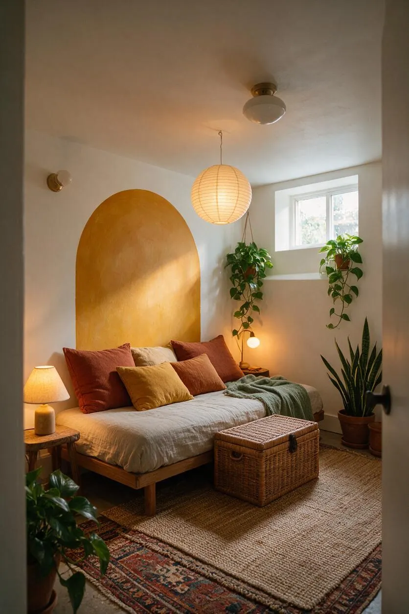 A cozy guest bedroom with a low wooden bed dressed in neutral bedding and layered rust, mustard, and terracotta pillows. An arched ochre accent wall frames the bed, while hanging and potted plants, a woven pendant light, and natural fiber rugs create a warm bohemian feel.