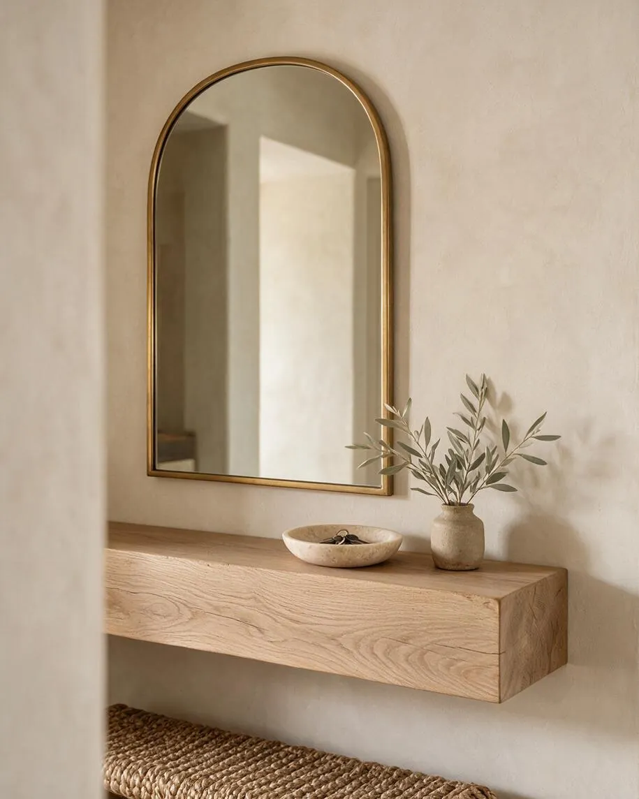 A serene Organic Modern vignette with an arched mirror framed in brass above a floating oak shelf. The shelf holds a shallow stone bowl and a small ceramic vase with olive branches, against soft beige plaster walls and a woven natural fiber bench below.