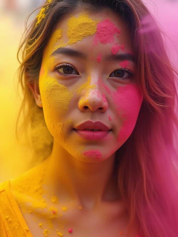 A young woman with vibrant colors on her face celebrates Holi.