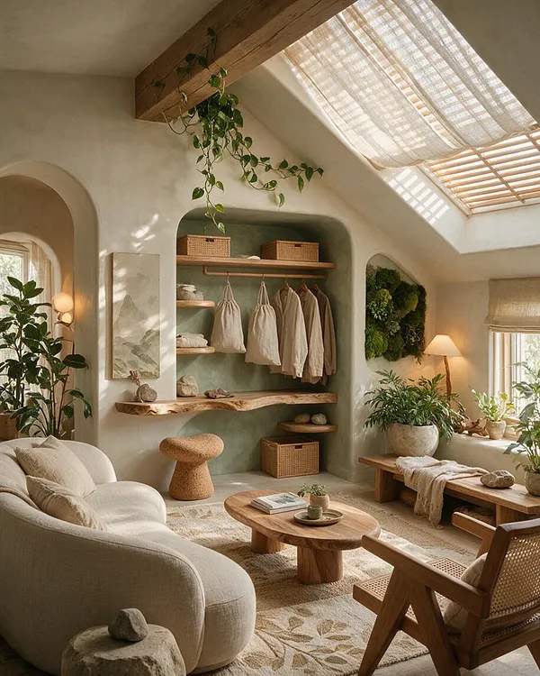 A serene biophilic closet with arched built-in shelving, hanging beige garments, woven storage baskets, and warm wood shelves. The room features lush potted plants, a living moss wall accent, a skylight with sheer drapery, and soft neutral seating under natural light.