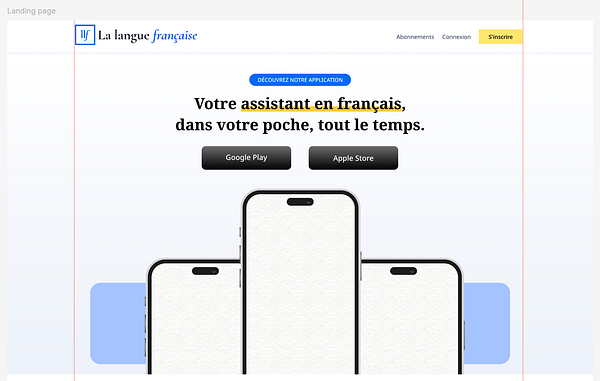 The image displays a landing page for a French language app featuring mobile phone mockups and download options.