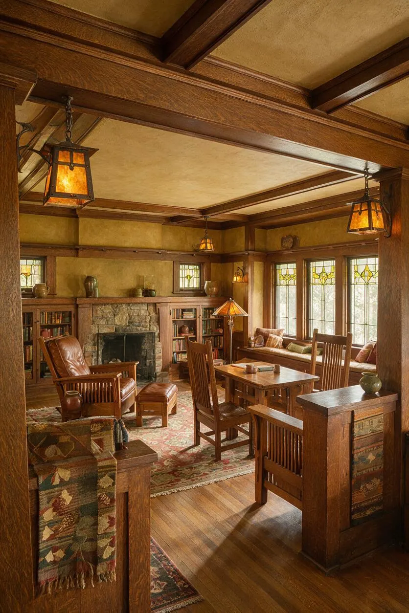 A Craftsman-style living room with exposed wood ceiling beams, amber pendant lanterns, a stone fireplace, built-in bookcases, and stained glass windows. The space includes leather seating, a wooden dining table, patterned rugs, and warm golden-brown finishes throughout.