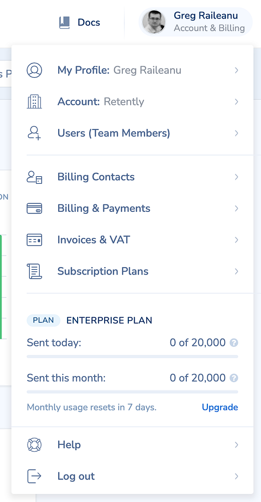 The image displays a user interface for account and billing settings in a web application.