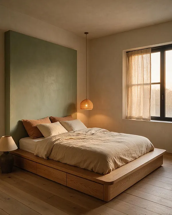 A serene master bedroom with a low wooden platform bed, soft beige bedding, and a tall muted green accent wall behind the headboard. A woven pendant light hangs beside the bed, and sheer curtains filter warm sunlight through a black-framed window.