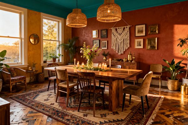 A warm Bohemian dining room with a solid wood dining table and mismatched chairs sits on a patterned kilim rug under two woven rattan pendant lights and multiple lit candles. Textured terracotta walls display a macramé wall hanging and framed art; a teal ceiling, golden-ochre window wall, herringbone hardwood floor, brass accents on a sideboard, and abundant potted plants are illuminated by late-afternoon sunlight through tall white-trimmed windows.