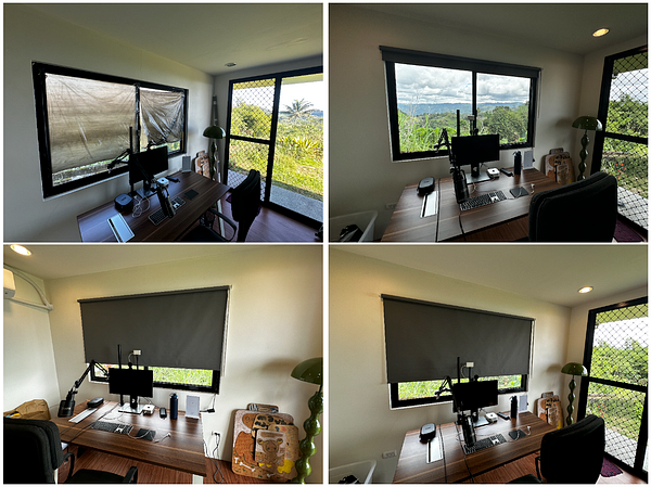 The image showcases a workspace transformation from makeshift trash bag blinds to sleek Ikea blinds.