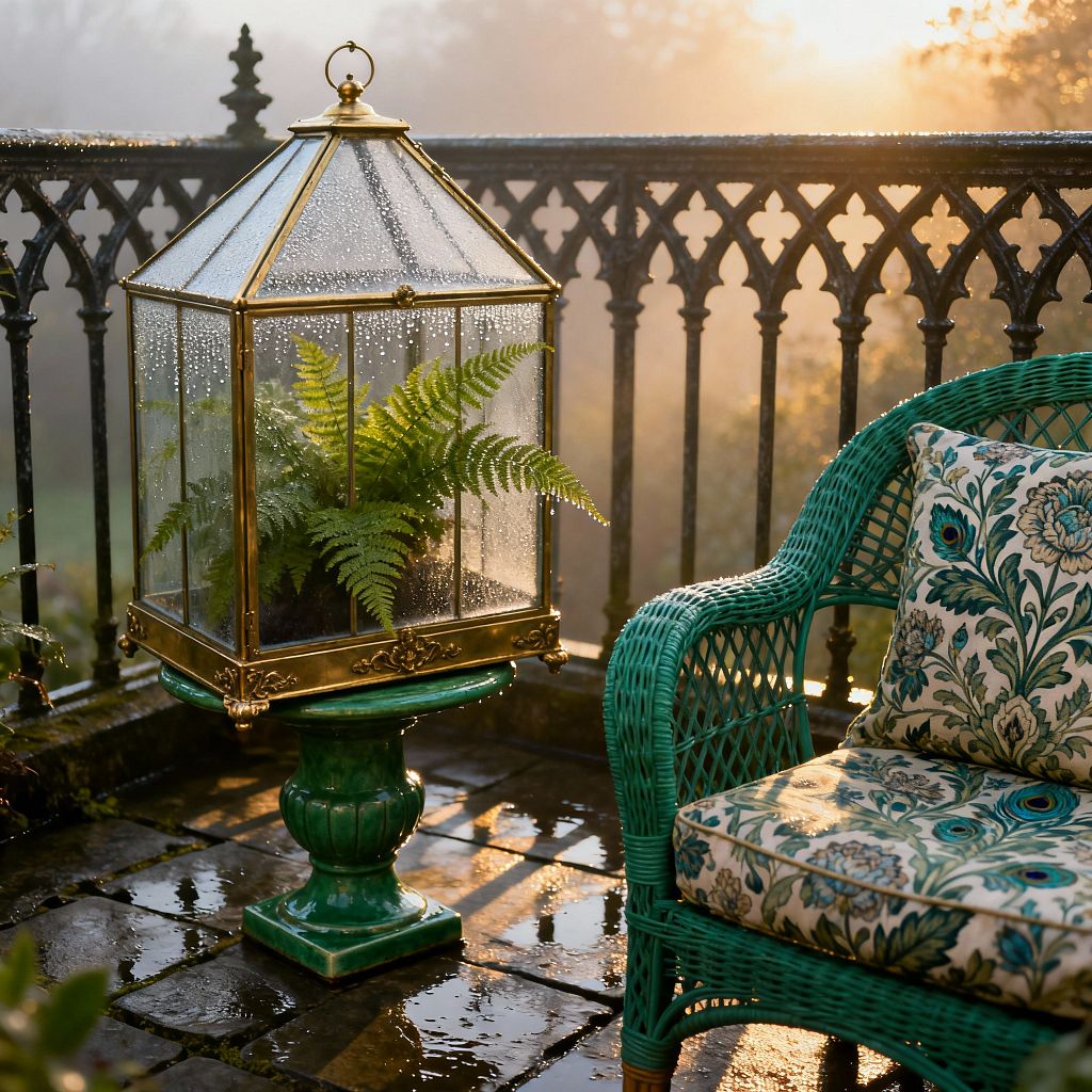 A foggy sunrise bathes a small patio with an ornate black cast-iron railing. On wet slate pavers, a brass-framed glass terrarium containing a fern sits on a green-glazed pedestal beside an emerald wicker armchair with cream cushions patterned in teal and peacock-blue florals. Dew beads on the glass while golden light reflects off the stones, creating a romantic Victorian atmosphere.