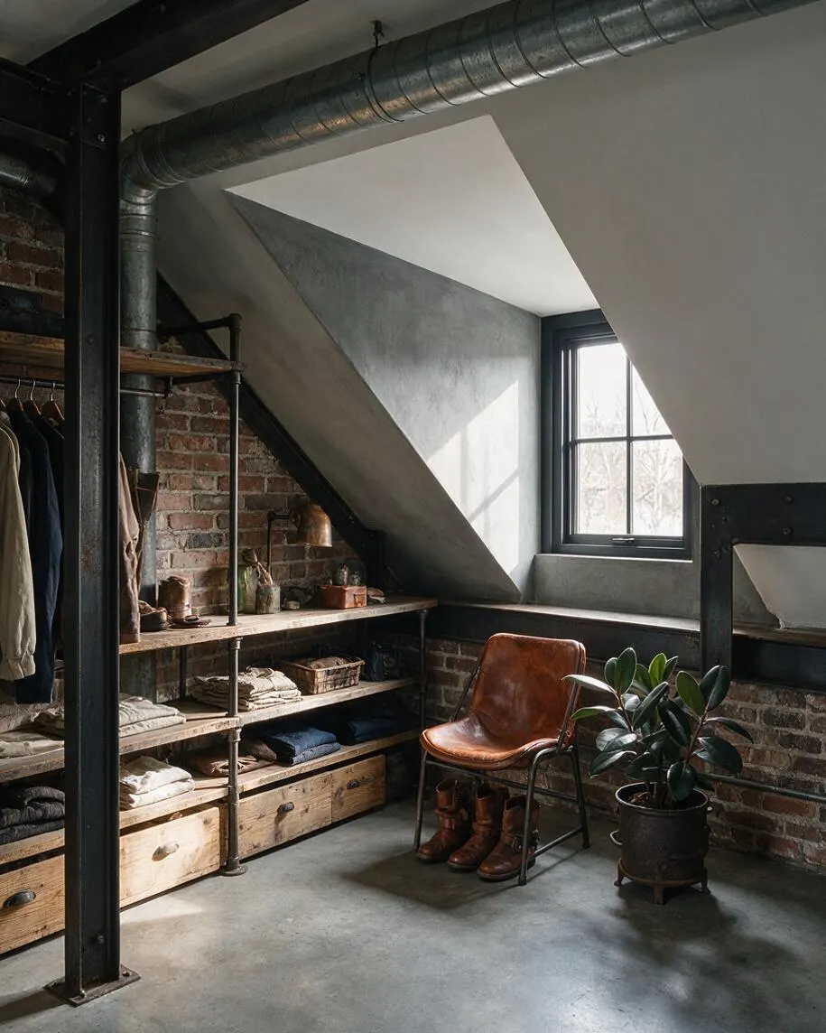 An industrial-style closet beneath a sloped ceiling, with exposed brick walls, black steel framing, and open wood shelving holding folded clothes and storage baskets. A tan leather chair sits near a window, with boots below and a potted plant adding warmth to the rugged space.