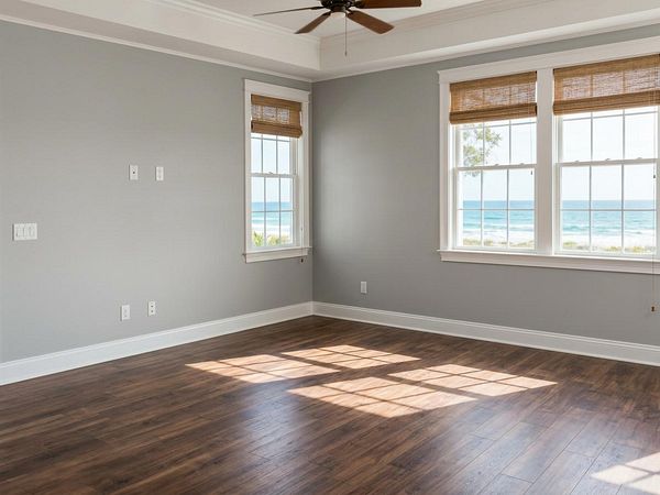 Modern living room interior with minimalist design featuring white walls, wooden floor, and unique geometric furniture.