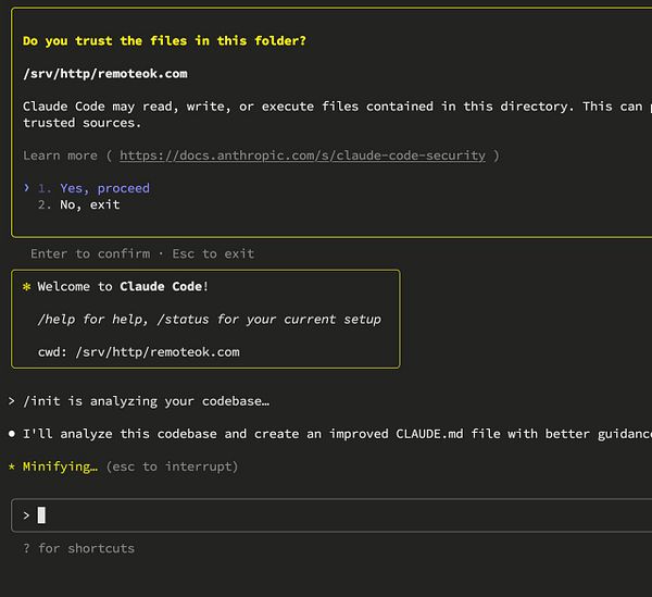 The image displays a terminal interface for Claude Code analyzing a codebase located at /srv/http/remoteok.com.