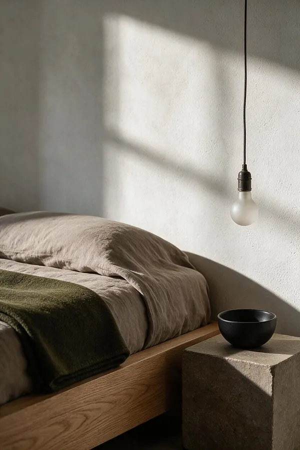 A minimalist bedroom vignette with a low oak bed frame, rumpled linen bedding, and a dark olive throw. A rough stone block serves as a side table holding a small black bowl, while a single exposed bulb hangs beside a textured white wall. Soft daylight casts sharp window shadows across the surface.