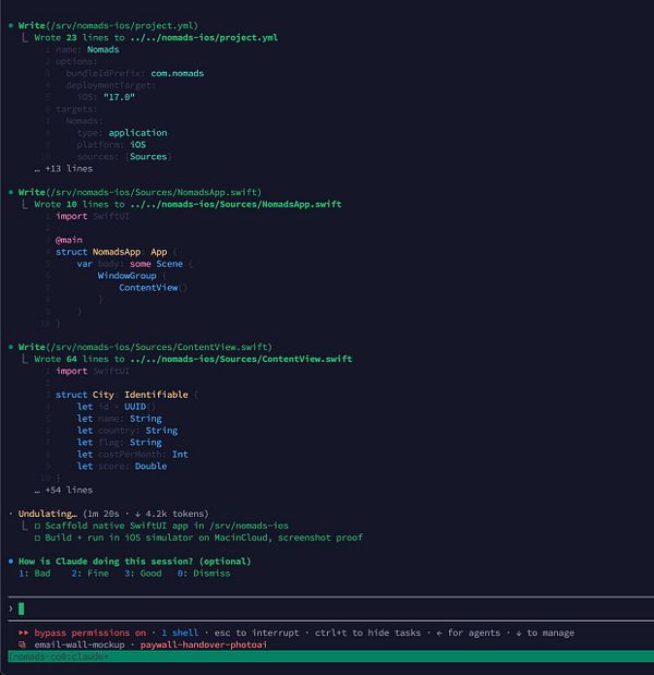 Screenshot of a code editor and terminal setup for iOS app development on a remote Mac accessed via SSH.