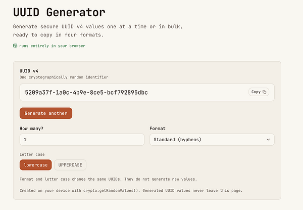 Screenshot of an online tool interface showing RSA Key Generator and UUID Generator with options and generated keys.