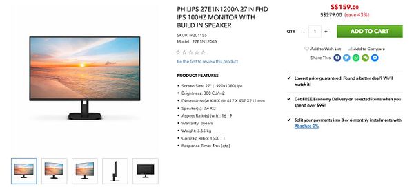 The image displays a product listing for a Philips 27-inch monitor with detailed specifications and pricing.