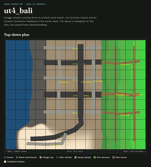 Top-down layout plan of the 'ut4_bali' Urban Terror map featuring ocean, black-sand beach, village lots, streets, rice terraces, and dike tracks in a grid format.
